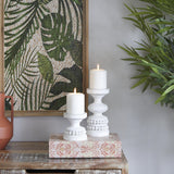 The Novogratz Wood Decorative Candle Holder Beaded Pillar Candle Stand, Set of 2 Candlestick Holder 8", 4"H, White Deco 79