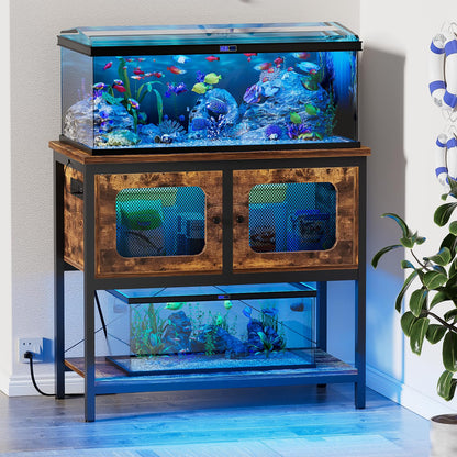 Hyomdeck 40 Gallon Fish Tank Stand with Magic Power Outlets and Smart LED Lights, Aquarium Stand with Storage Cabinet, Reptile Tank Stand with Unique Grid Door Design, Heavy Duty Metal Frame, - WoodArtSupply