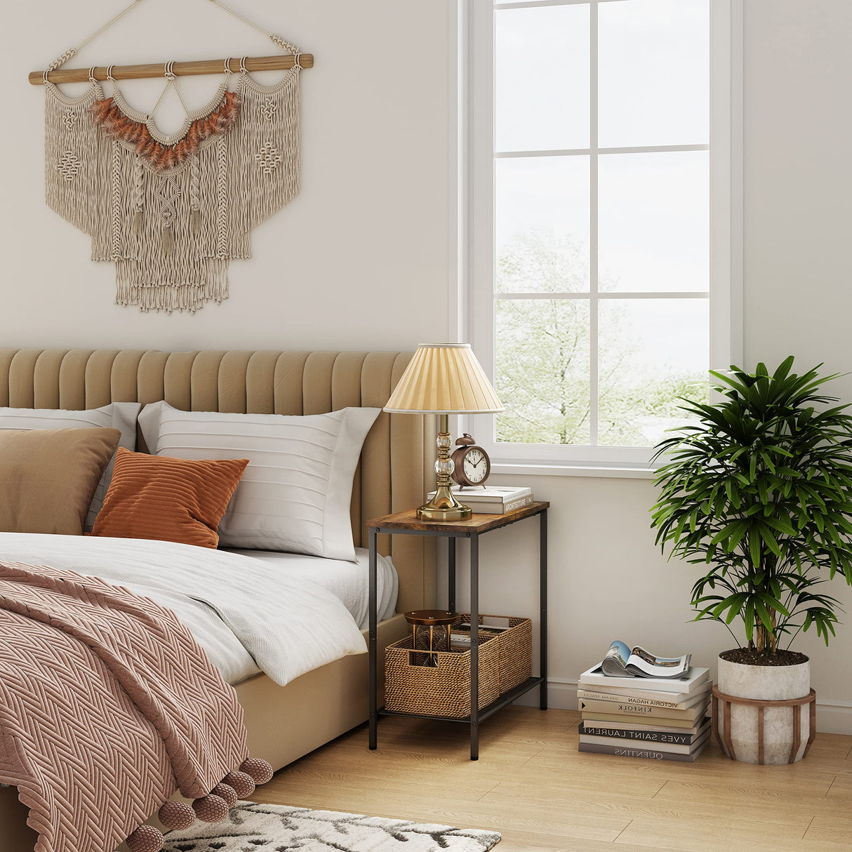 Hoctieon 2 Tier End Table, Sofa Side Table, Narrow Side Table with Storage, Slim Nightstand for Small Spaces, Metal Frame, for Living Room, Bedroom, Sofa Couch, Hall, Rustic Brown Hoctieon