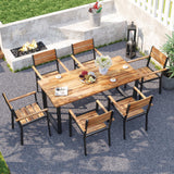 HAPPYGRILL 7 Pieces Acacia Wood Patio Dining Set with Metal Frame, Space-Saving Outdoor Furniture Set with 6 Stackable Armchairs and 69” Rectangular Table with 2” Umbrella Hole for Garden, Deck, Yard HAPPYGRILL