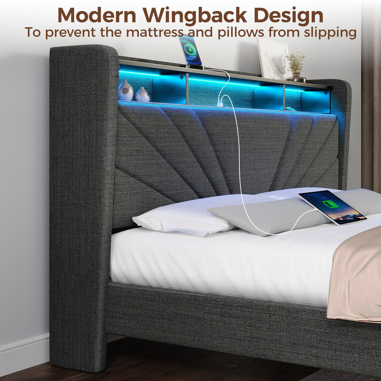 Rolanstar Full Size Bed Frame, Storage Headboard with Charging Station and LED Lights, Upholstered Bed with Heavy Duty Wood Slats, No Box Spring Needed, Noise Free, Easy Assembly, Dark Grey Rolanstar