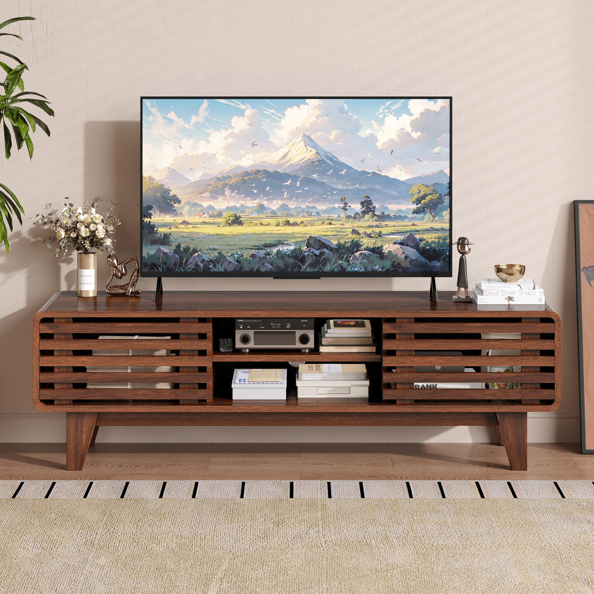 Luoxiao TV Stand for 60 Inch TV, Mid Century Modern Entertainment Center with Storage Boho Television Stand with Shelves and Grille Sliding Doors Wood Media Console for Living Room, Walnut Luoxiao