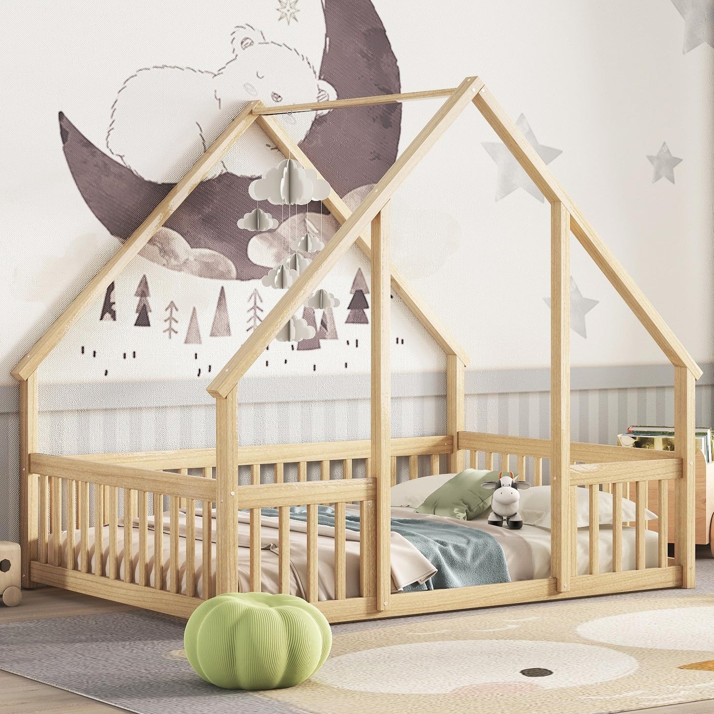 Bellemave Natural Wood House Floor Bed for Kids with Roof and Fence, Full Size Montessori Design