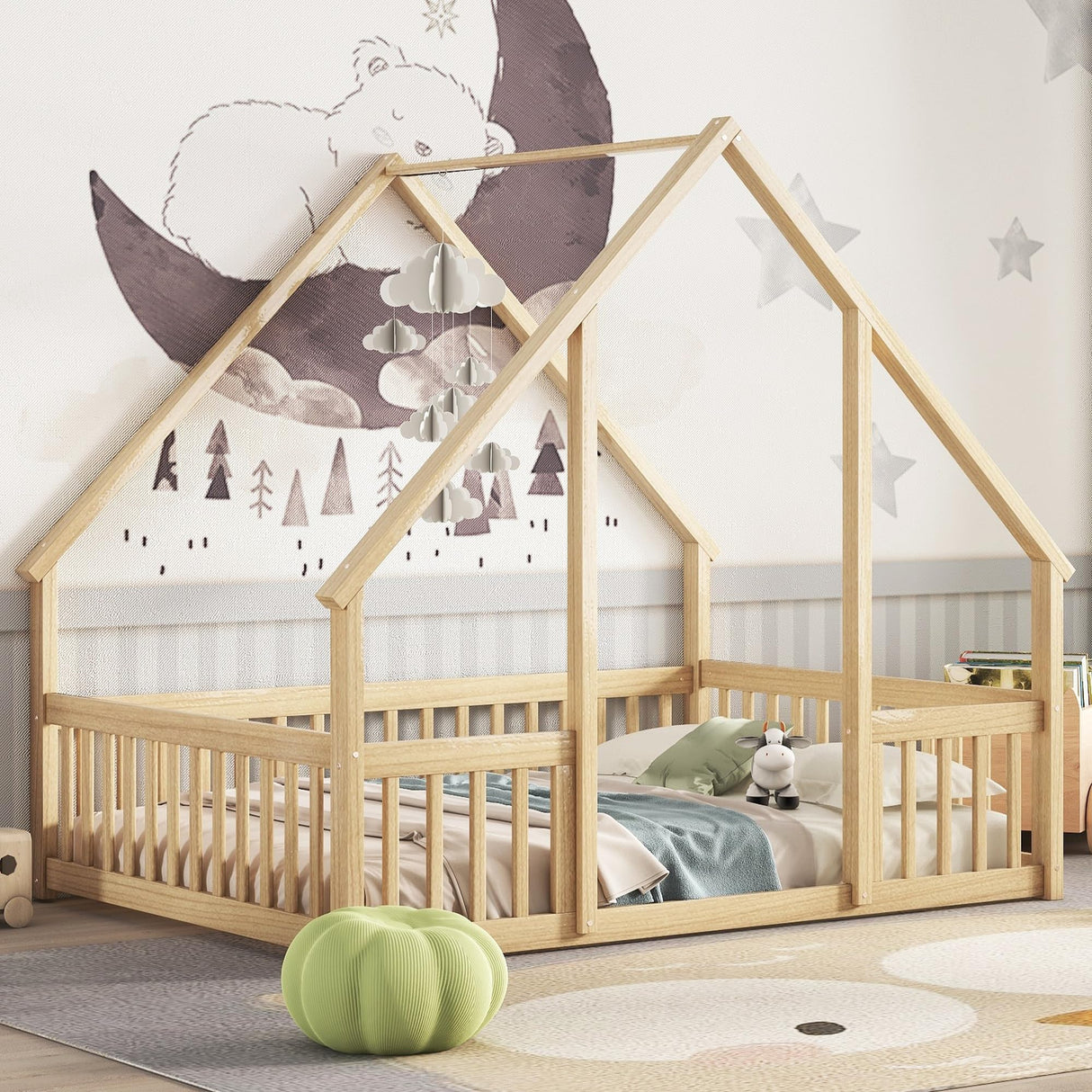 Bellemave Full Size Natural Montessori House Bed with Fence Rails for Kids Bellemave