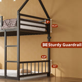 LIKIMIO Bunk Bed Twin XL Over Twin XL, Metal Bunk Bed Frame with Ladder and Guardrail, House Shaped with Metal Slats for Dormitory and Bedroom, Space Saving, No Box Spring Needed, Black LIKIMIO
