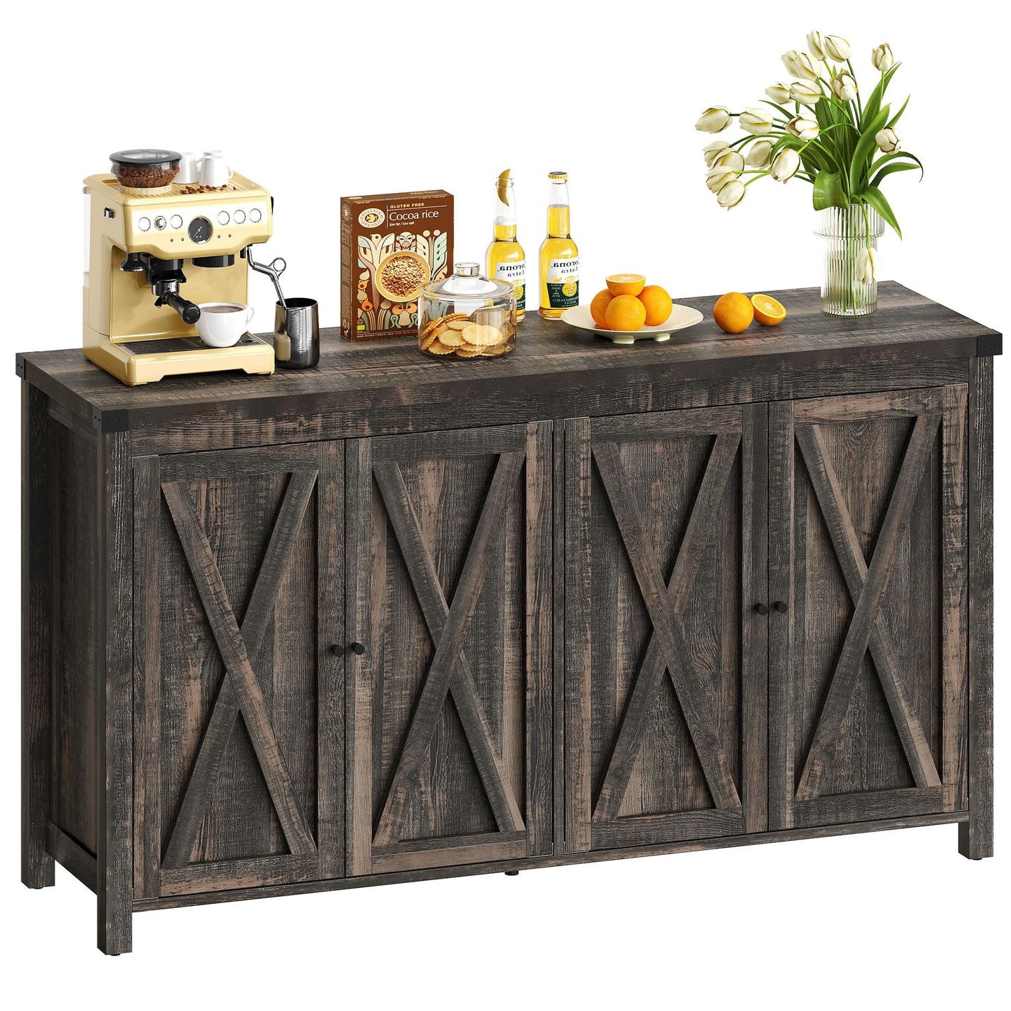 DWVO 55'' Sideboard Buffet Cabinet with Storage, Farmhouse Kitchen Storage Cabinet with 4 Doors, Large Wood Coffee Bar Cabinet with Adjustable Shelfs for Kitchen, Living Room, Dark Oak
