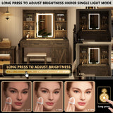 FREDEES Farmhouse Makeup Vanity with Charging Station,Vanity Set with Stool&Sliding Mirror&3Brightness Lights,Large Storage Glass Top Dressing Table with Drawers and Shelves for Women/Girls,Dark Oak FREDEES