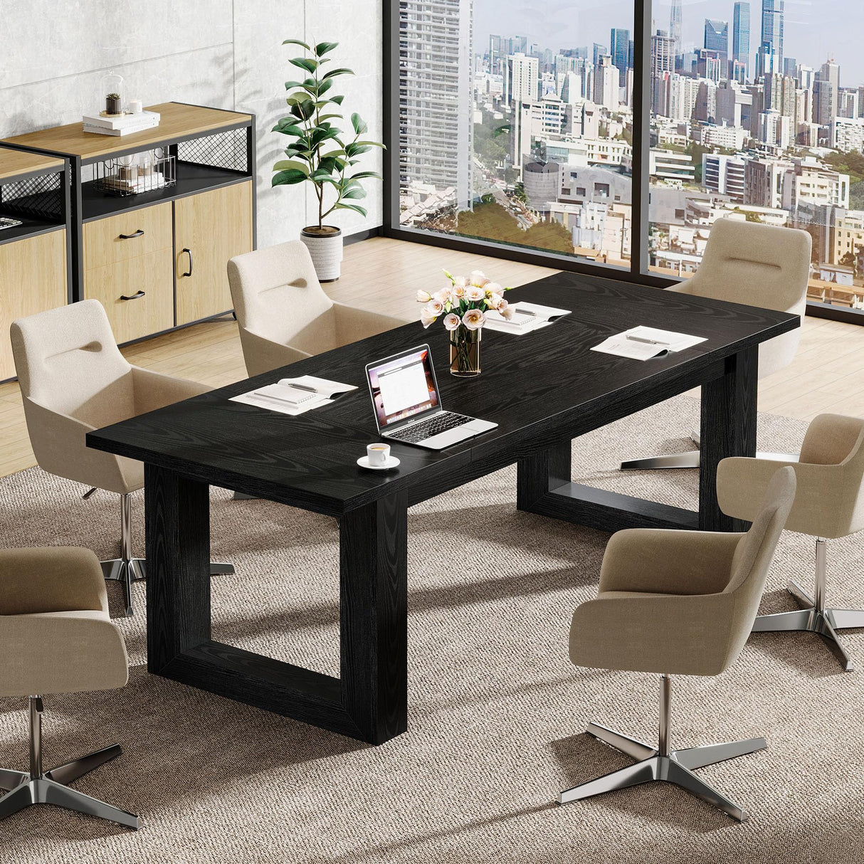 Tribesigns Conference Table, Modern Office Meeting Table, 5 ft Conference Room Table with Solid Wooden Base, Large Rectangular Business Furniture Seminar for Boardroom (1, Black) Tribesigns