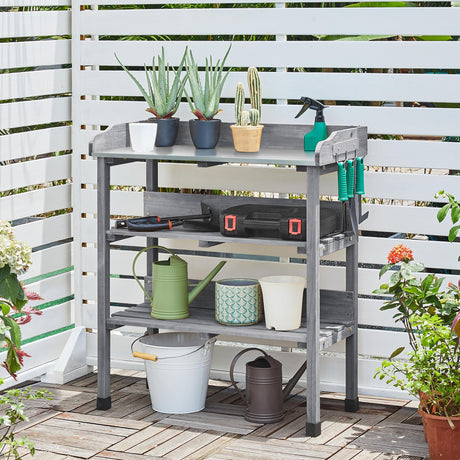 Yaheetech Garden Potting Table Horticulture Potting Bench w/Storage Shelf W/Metal Tabletop w/Hook 3 Shelves Workstation Work Benches Station, Gray Yaheetech
