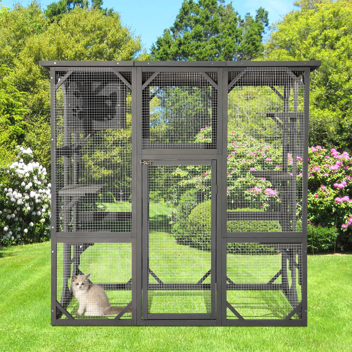 Grepatio Cat Enclosure Large Outdoor Catio Wooden Cat House with Weatherproof, Cat Cage Condo Indoor Playpen with Platform and Small House(Grey) Grepatio