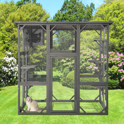 Grepatio Cat Enclosure Large Outdoor Catio Wooden Cat House with Weatherproof, Cat Cage Condo Indoor Playpen with Platform and Small House(Grey)