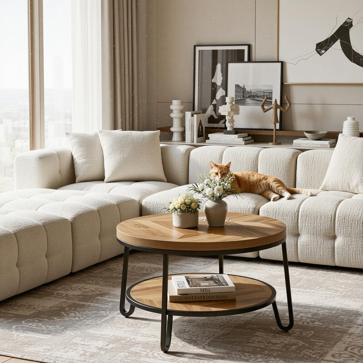 LIKEMET 32" Round Coffee Table, Wood Coffee Table for Sectional Sofa with 2-Tier Storage Shelves, Farmhouse Center Table with Wood Grain Desktop, Easy to Assemble LIKEMET