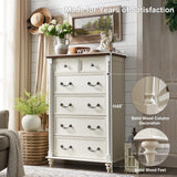 T4TREAM Farmhouse 6 Drawers Dresser Chests for Bedroom w/4 Solid Wood Feet &Column Decor, Tall Wood Rustic Chest of Drawers, Storage Dressers Organizer for Bedroom, Living Room, Nursery, Antique White T4TREAM