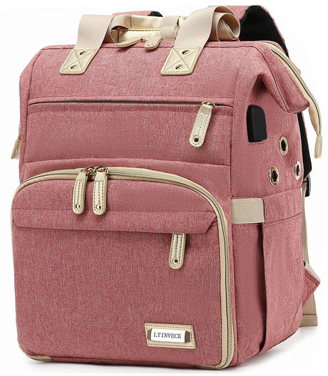 Knitting Bag Backpack,Yarn Storage Organizer Travel Crochet Bag with USB Charging Port,Large Capacity Yarn Storage Tote Bag Yarn Holder Case for Carrying Projects, Knitting Needles, Crochet Hooks Pink LTINVECK