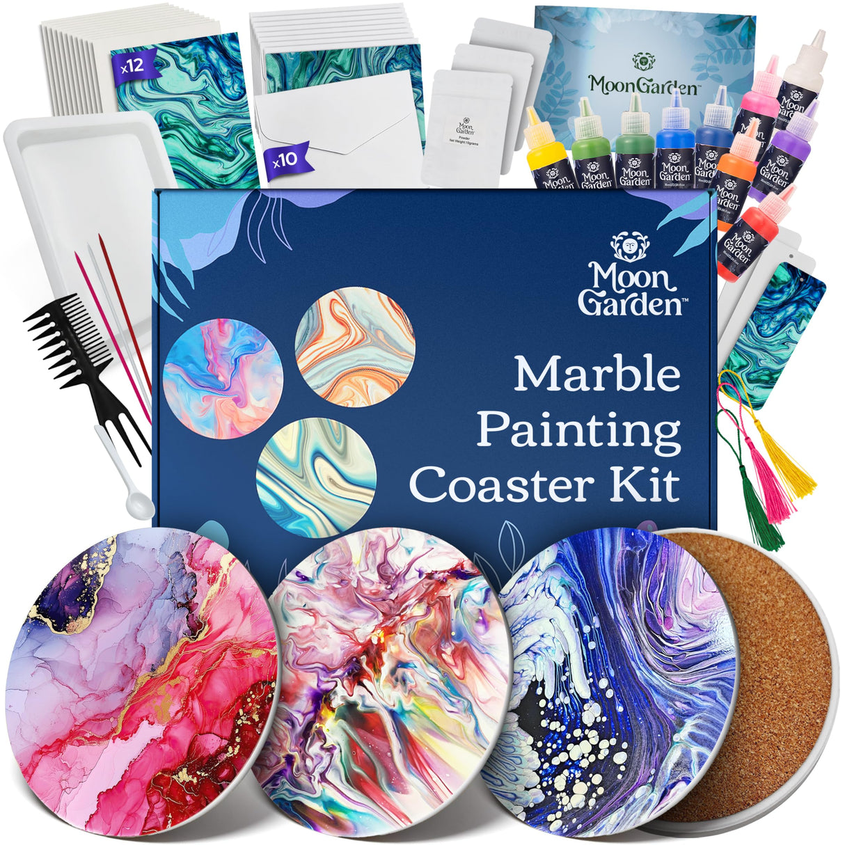 MoonGarden Marble Painting Coaster kit - Marble Painting Kit for Adults - 12 Color Paints, Ceramic Coasters, Bookmark Paper and Cardstock Paper - Relaxing and Creative DIY Activity Moon Garden