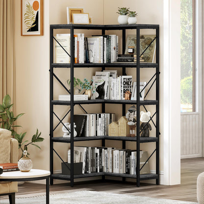 YITAHOME 5-Tier Industrial Corner Bookshelf in Charcoal Gray and Black - WoodArtSupply