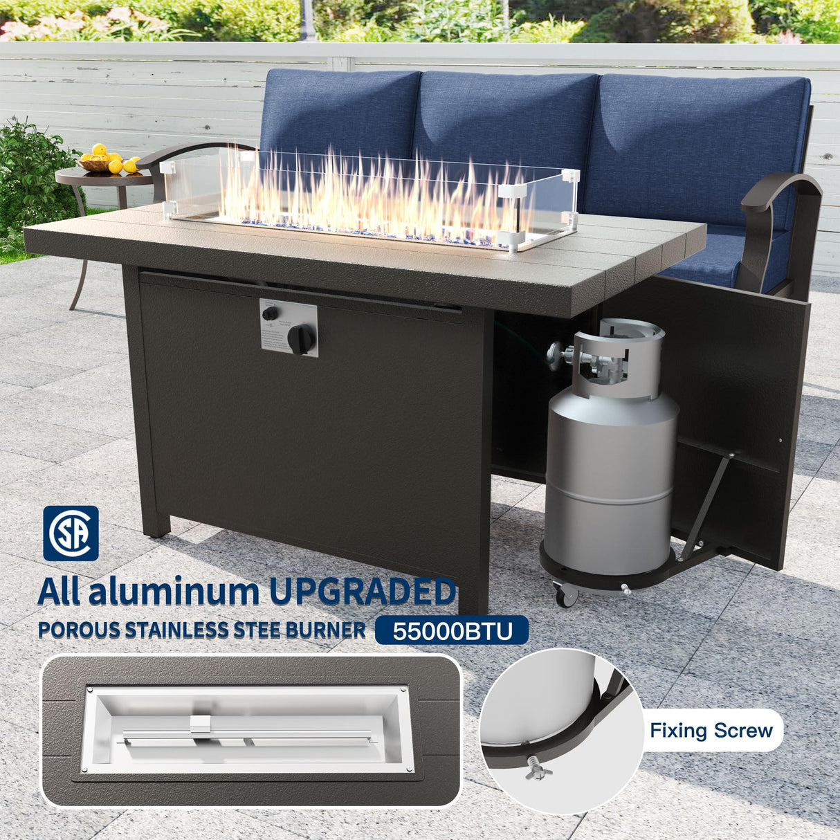 Kullavik Aluminum Patio Furniture Set,6 Pieces 4 Seat Metal Outdoor Furniture Conversation Set w/45 Propane Gas Fire Pit&Swivels,Navy Blue Kullavik