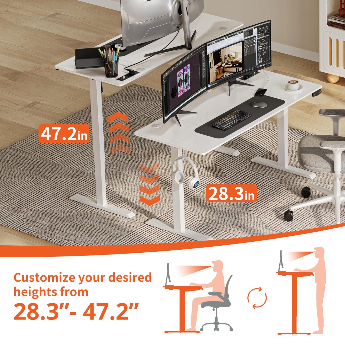 JOISCOPE 48 x 24 inch Adjustable Electric Standing Desk (3AC, USB, Type-C) with 2 Memory Heights, LED Screen & 25 mm/s Lift Speed, Gaming Study Drafting Sit Stand Desk for Home Office Bedroom - WoodArtSupply