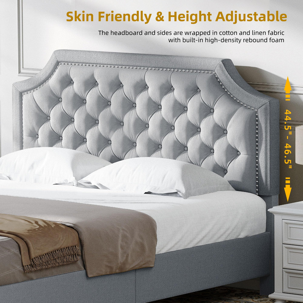 DWVO Full Bed Frame with Headboard, Grey Linen Upholstered Platform Bed Frame with Adjustable Nail Headboard, 12'' Under-Bed Storage Low Profile Bed Frame No Box Spring Needed Hold up to 800lbs DWVO