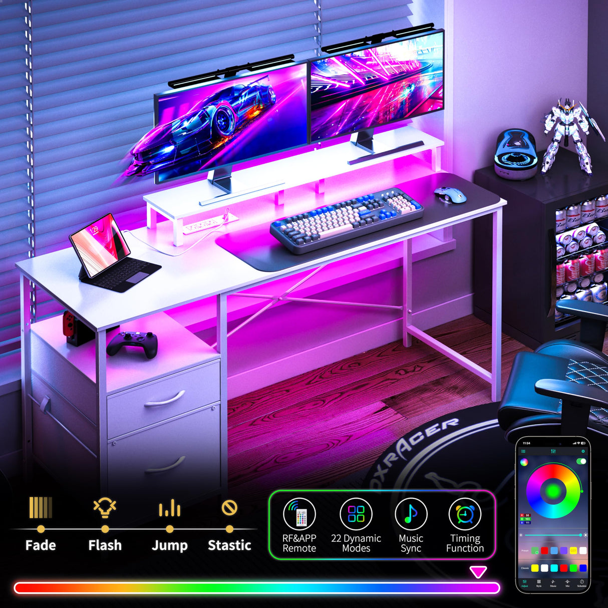 Yoobure White Computer Desk with Drawers, 55.1" Gaming Desk with LED Lights & Power Outlets, Office Desk with Fabric File Cabinets, Gaming Table with Long Monitor Stand, PC Desk with Storage Yoobure