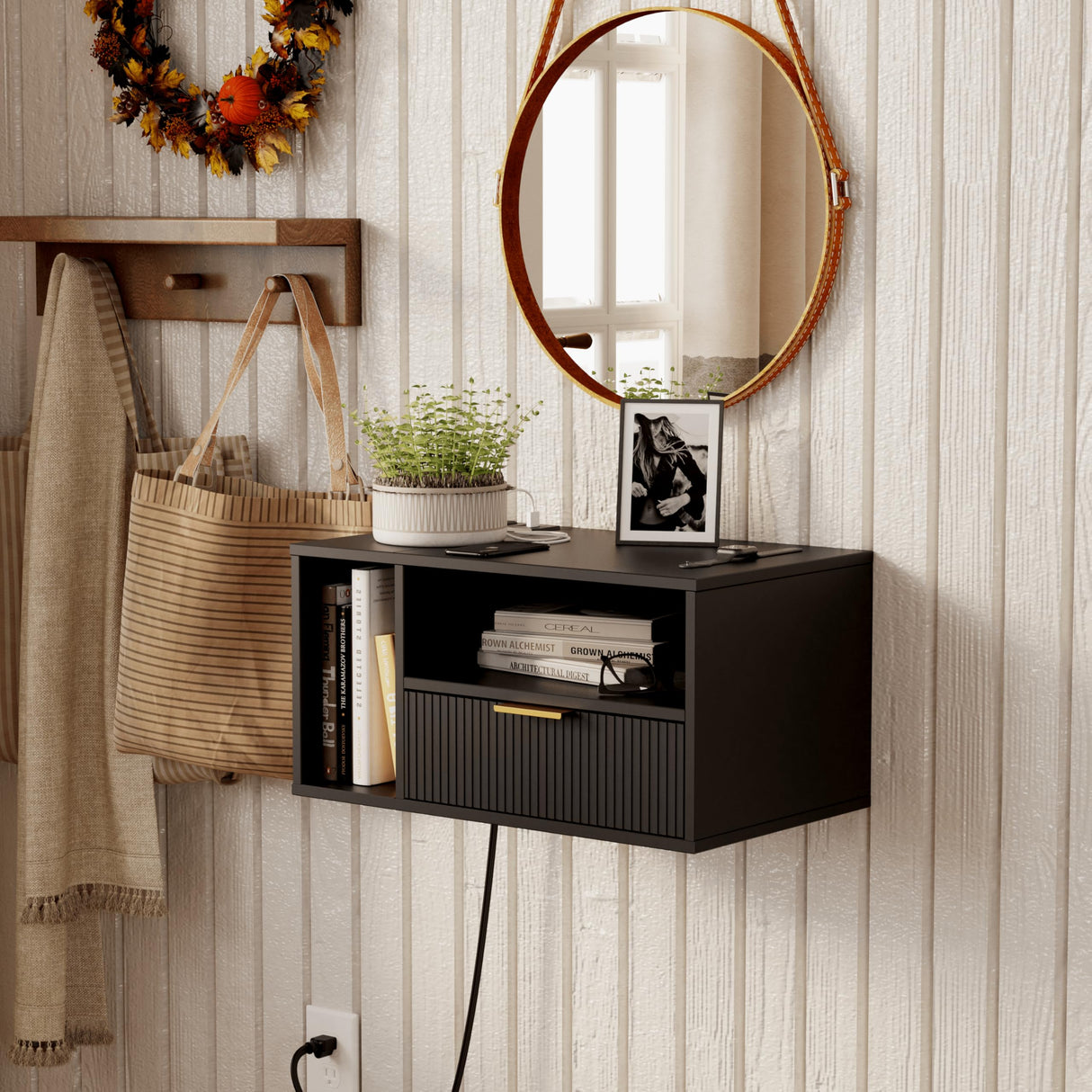 Veegle Black Floating Nightstand with Charging Station and LED Lights,Black Veegle