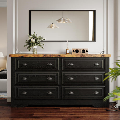 LIKIMIO 59" 6 Drawers Dresser for Bedroom, Power Strip, Farmhouse Moden Large Wood Dressers & Chest of Drawers with Wide Storage Cabinet, Black LIKIMIO