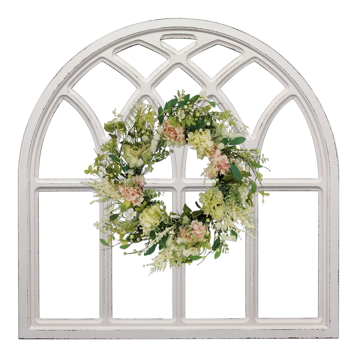 Sintosin Farmhouse White Arched Window Frame Decor 32 Inch, Hanging Distressed Wooden Rustic Window Frames for Wall Decor, Window Pane Wall Decor for Living Room Christmas Halloween Sintosin