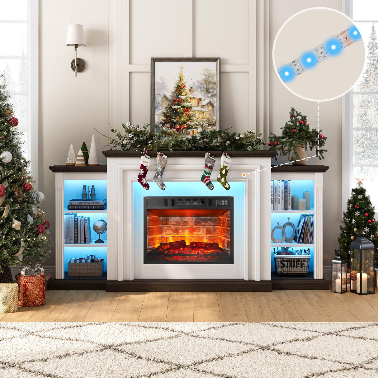 72" LED Electric Fireplace with Mantel, Fireplace TV Stand for 80 Inch TV, Entertainment Center with 23'' Red Brick Fireplace, Delicate Three-Dimensional Molding with Remote Control for Living Room BOSHIRO