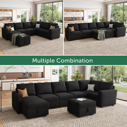 HONBAY Modular Sectional Couch with Storage, Velvet U-Shaped Sectional Sofa with Storage Ottoman Convertible U-Shaped Sofa for Living Room, Black