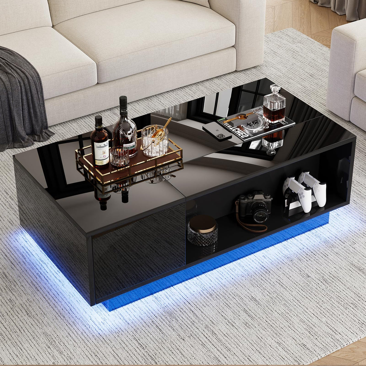 Buenhomino 47" Modern LED Coffee Table with Lift Top, All Black Coffee Table with Storage High Gloss Surface, Hidden Storage with Drawer, Open Shelves, and Built-in Power Outlet for Living Room Buenhomino