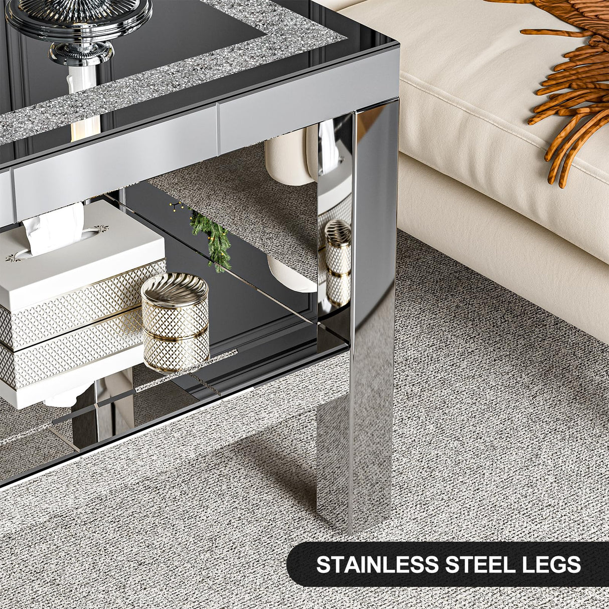 IKIFLY Mirrored 2 Tiers Coffee Table with LED, Rectangle Mirrored Coffee Table with Crushed Diamond and Stainless Steel Legs, Silver Living Room Table IKIFLY