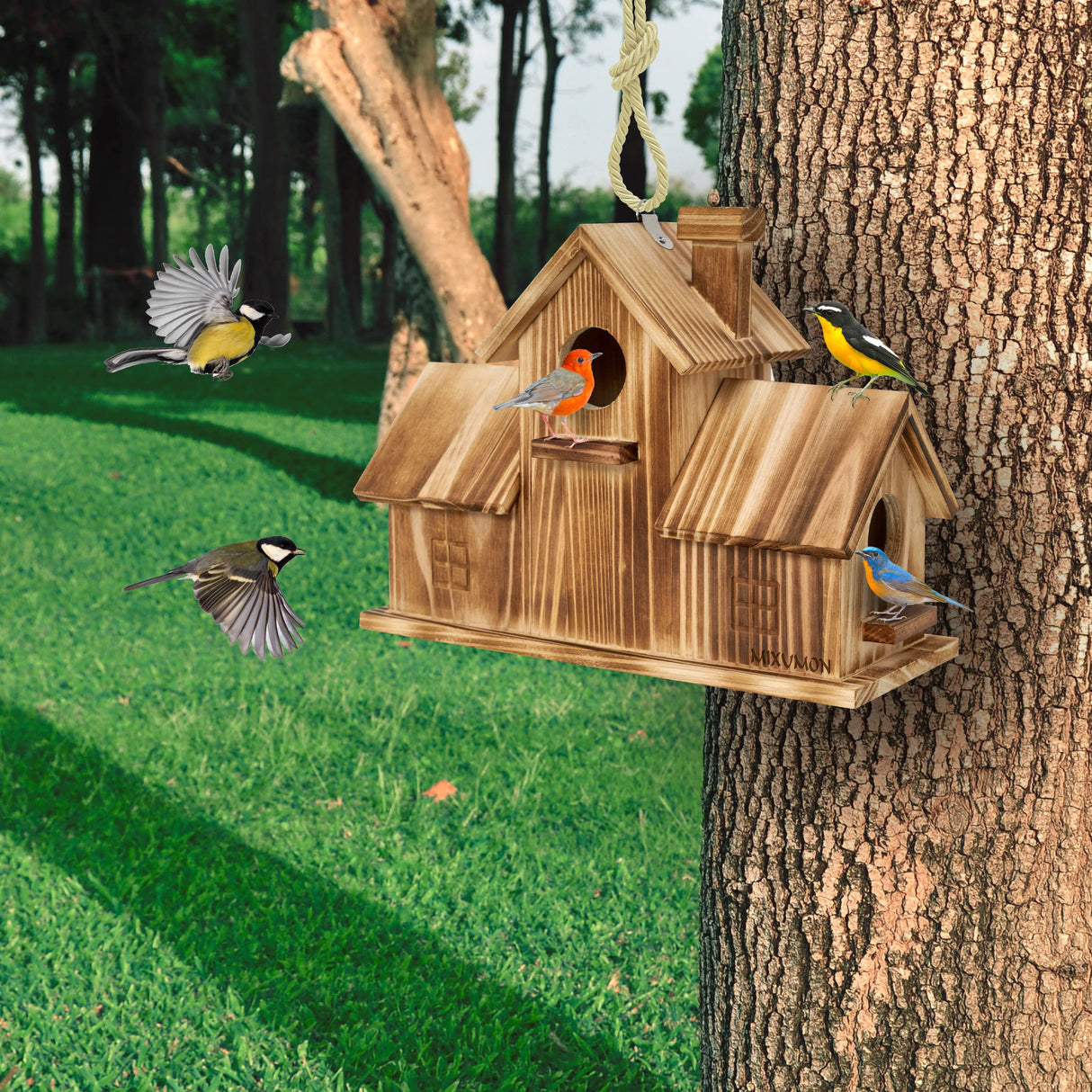 MIXUMON Bird Houses for Outside, Outdoor 3 Hole Bird House Room for 3 Bird Families Bluebird Finch Cardinals Hanging Birdhouse for Garden (Style 1) MIXUMON