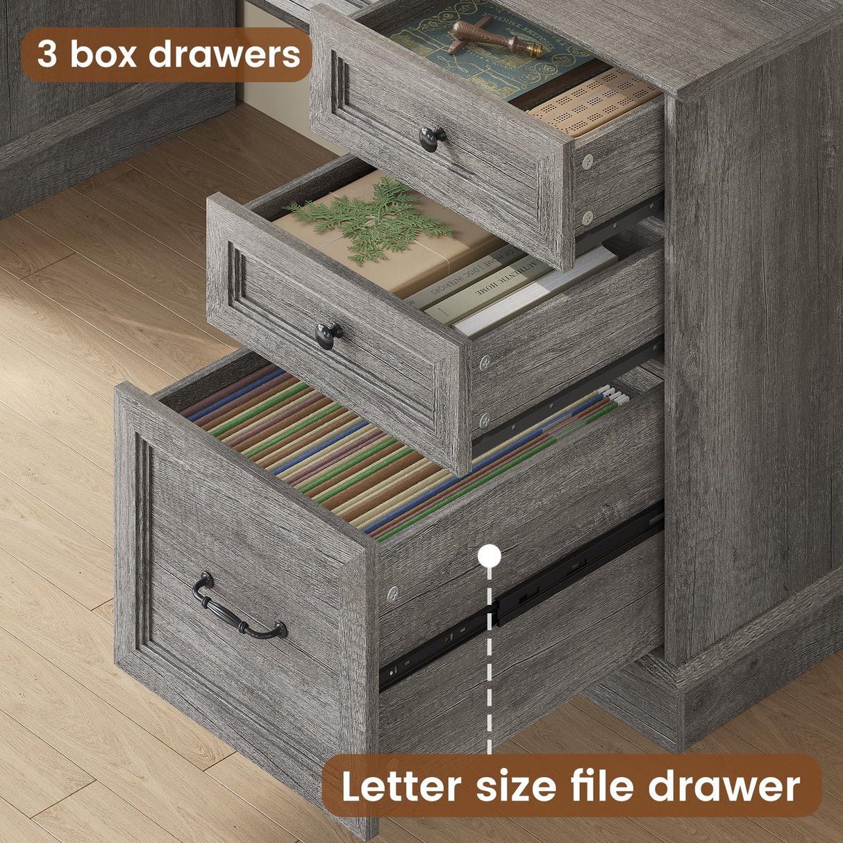 HAUOMS Farmhouse Executive Desk with Drawers Computer Desk with File Drawers, Power Outlet and Led Lights, Executive Office Desk with Storage Cabinet and Monitor Shelf for Home Office, Grey HAUOMS