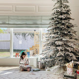 Fraser Hill Farm 9-Ft. Pre-Lit Mountain Pine Snow Flocked Artificial Christmas Tree with Stand, Tall & Foldable Heavily Flocked Christmas Tree with Realistic Foliage & White Incandescent Smart Lights Fraser Hill Farm