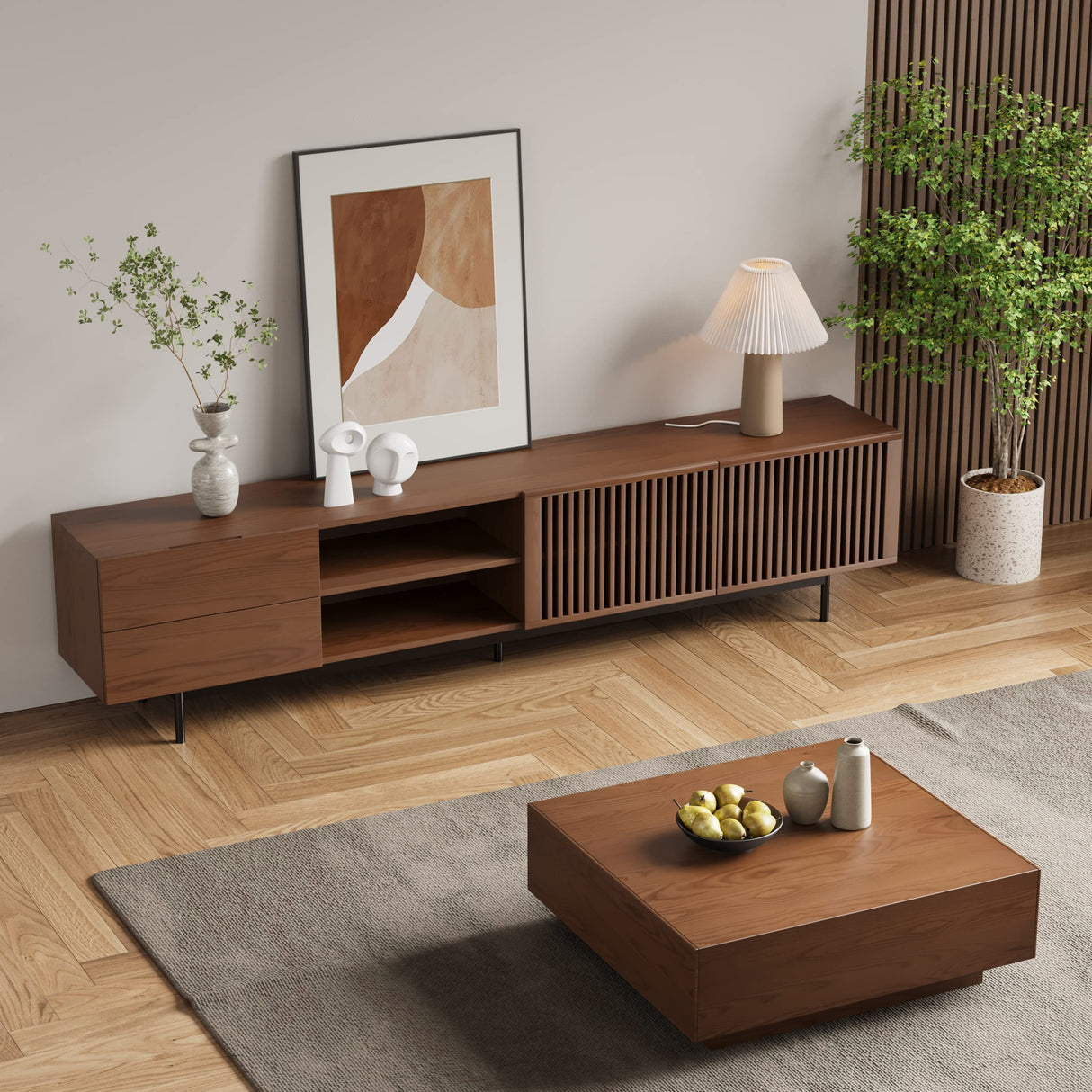 POVISON Modern Media Console with Storage, 95'' Solid Wood TV Stand for 75+ Inch TV, Farmhouse Slatted Door Entertainment Center, Full Assembled Tall POVISON