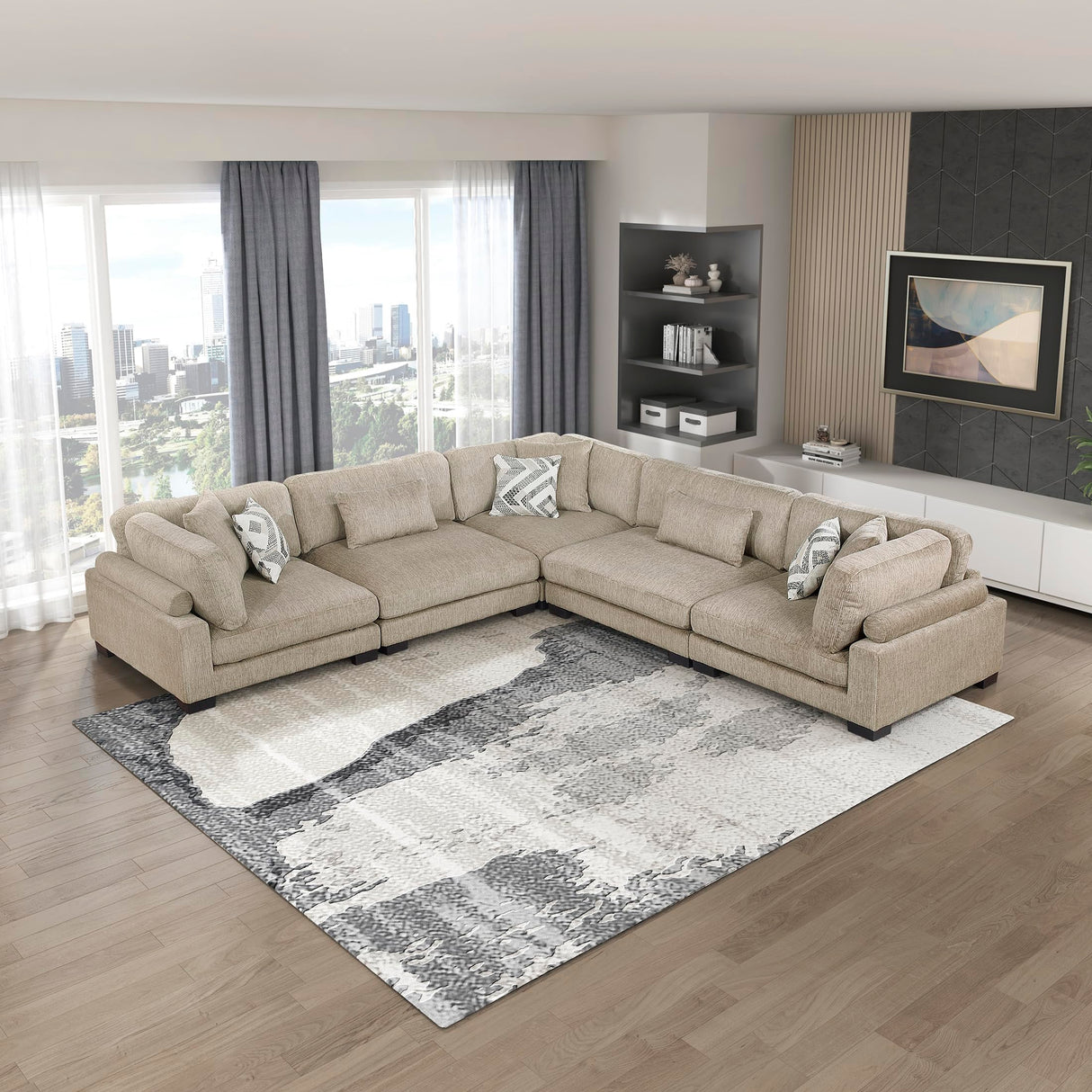 Lexicon Modular Sectional Sofa, Textured Microfiber Oversized Sectional Sofa, 8 Pillows, Adjustable Back and Armrests, Removable Back Cushion Cover, L Shape Couch, 5 Seater, Beige Lexicon