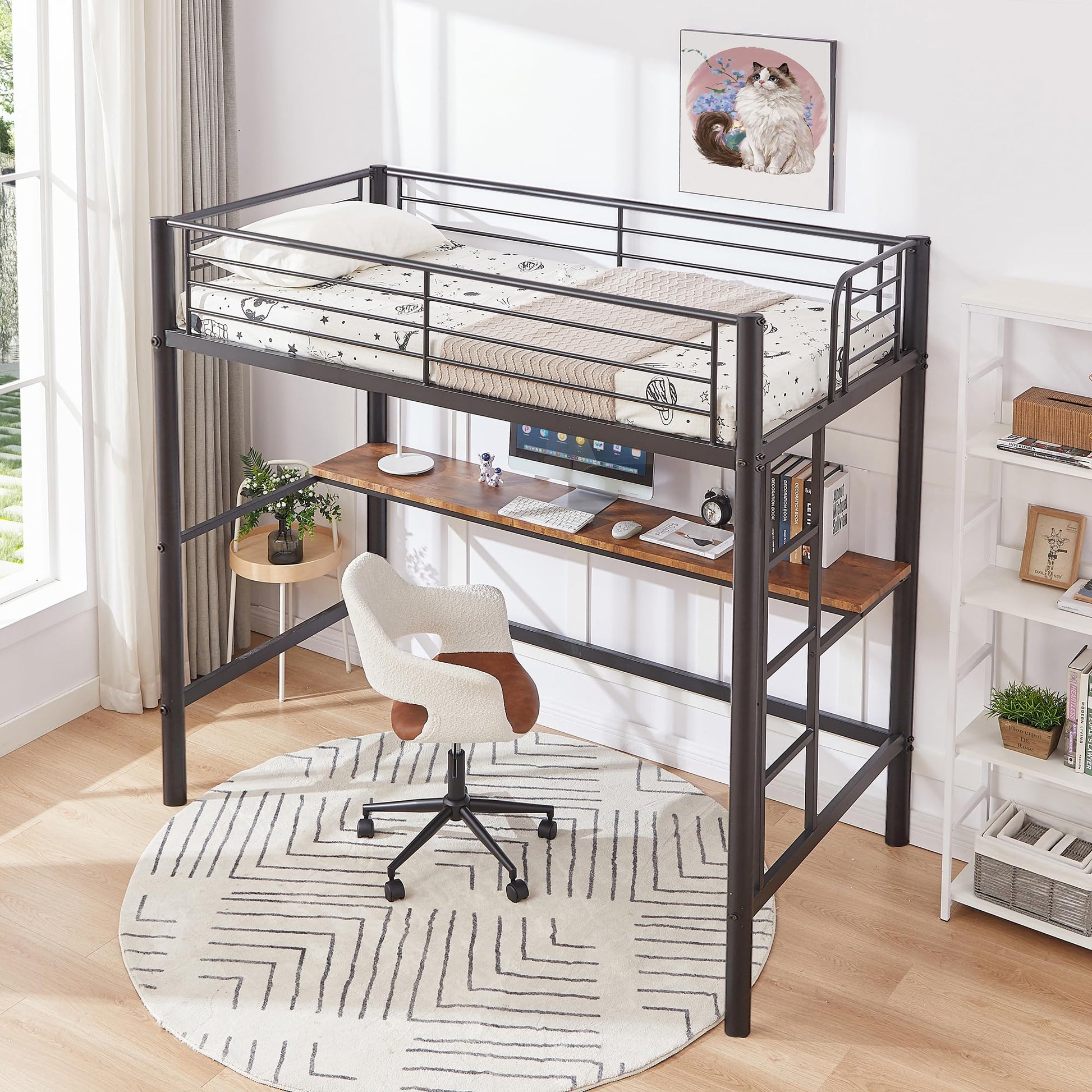 VECELO Twin Loft Bed with Desk - Heavy Duty Metal Frame, Removable Ladder, Safety Guardrails, Space-Saving Design in Black - WoodArtSupply