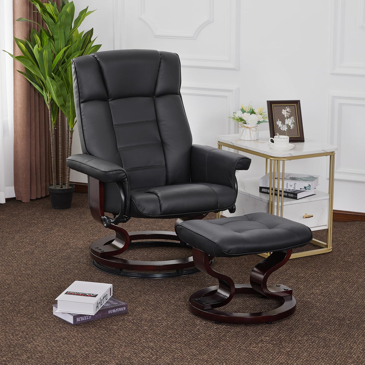 MCombo Manual Swivel Recliner with Ottoman, Chair Ottoman Set for RV Small Spaces, Living Room, Bedroom, Office 9019 4919 (Faux Leather, Black) MCombo