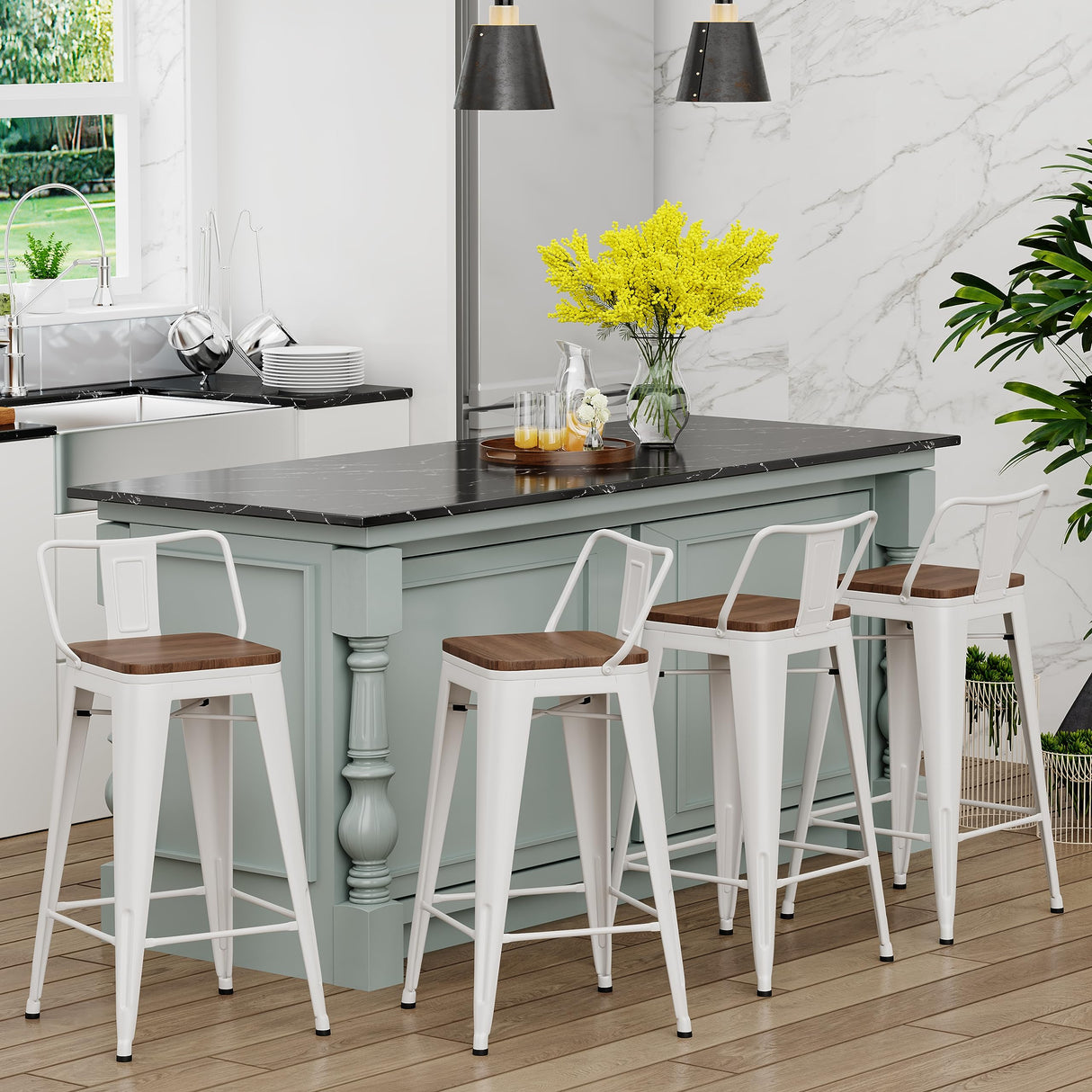 Yongchuang 24 inch Barstools Set of 4 Counter Height Bar Stools Farmhouse Kitchen Metal Bar Chairs with Wood Seat Low Back Cream White Yongchuang