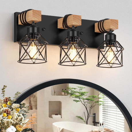 FadimiKoo 3-Light Farmhouse Vanity Light for Bathroom, Wood Bathroom Light Fixtures Over Mirror, Industrial Black Vanity Light with Metal Lampshade for Bedroom Hallway Living Room FadimiKoo