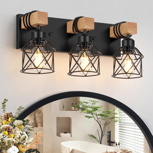 FadimiKoo 3-Light Farmhouse Vanity Light for Bathroom, Wood Bathroom Light Fixtures Over Mirror, Industrial Black Vanity Light with Metal Lampshade for Bedroom Hallway Living Room - WoodArtSupply