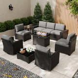 KHOLH Patio Furniture Set with Fire Pit Table, 10 Pieces Outdoor All-Weather Wicker Conversation Sectional Chair Sofa Set with 2 Swivel Chairs KHOLH