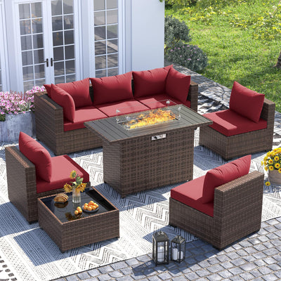 UDPATIO Outdoor Patio Furniture Set with Fire Pit Table, 8 Piece Outdoor Sectional Sofas, All-Weather Wicker Patio Conversation Set for Garden, Backyard Wine