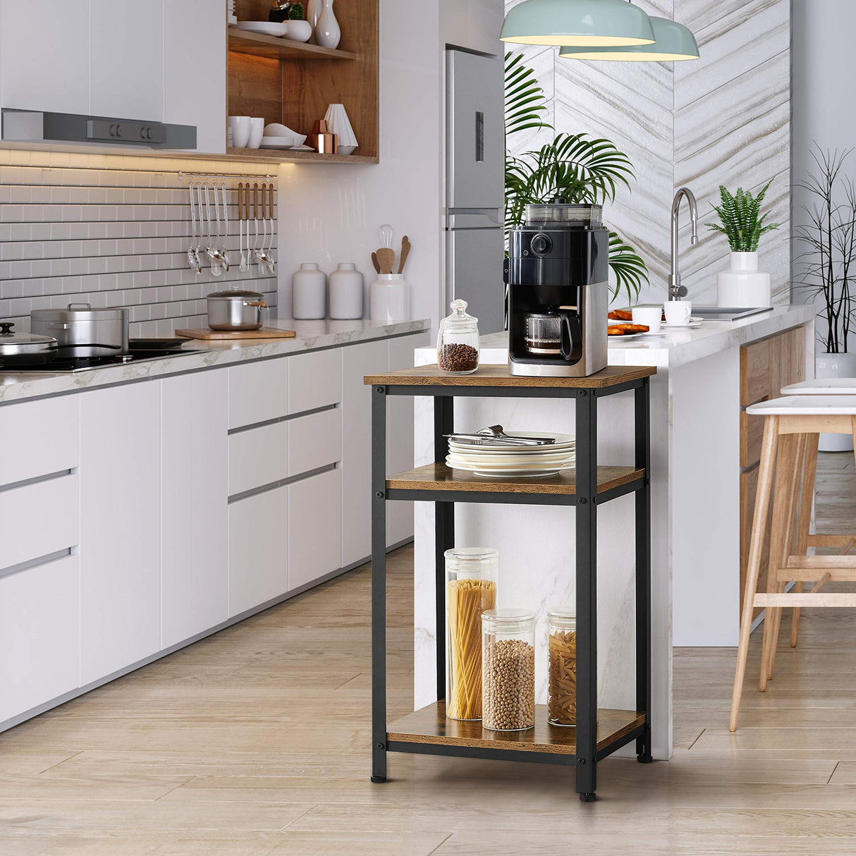 Yaheetech Tall End Table Set of 2, 18x14x29.5 inch Industrial Side Table with Strong Wooden Shelves, 2PCS Slim 3-Tier Telephone Table with Metal Frame for Living Room, Small Places - Rustic Brown Yaheetech