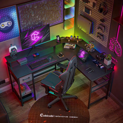 CubiCubi 58" L Shaped Gaming Desk with RGB LED Lights, Power Outlets & Storage Solutions - Black - WoodArtSupply