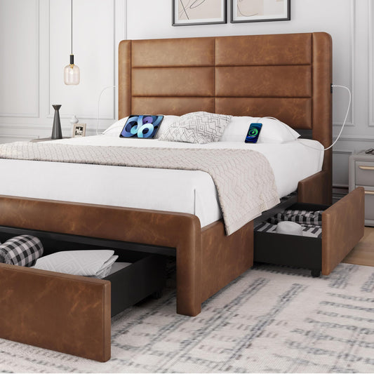 Yaheetech Amber Brown Queen Bed Frame with USB Charging and 3 Storage Drawers - WoodArtSupply