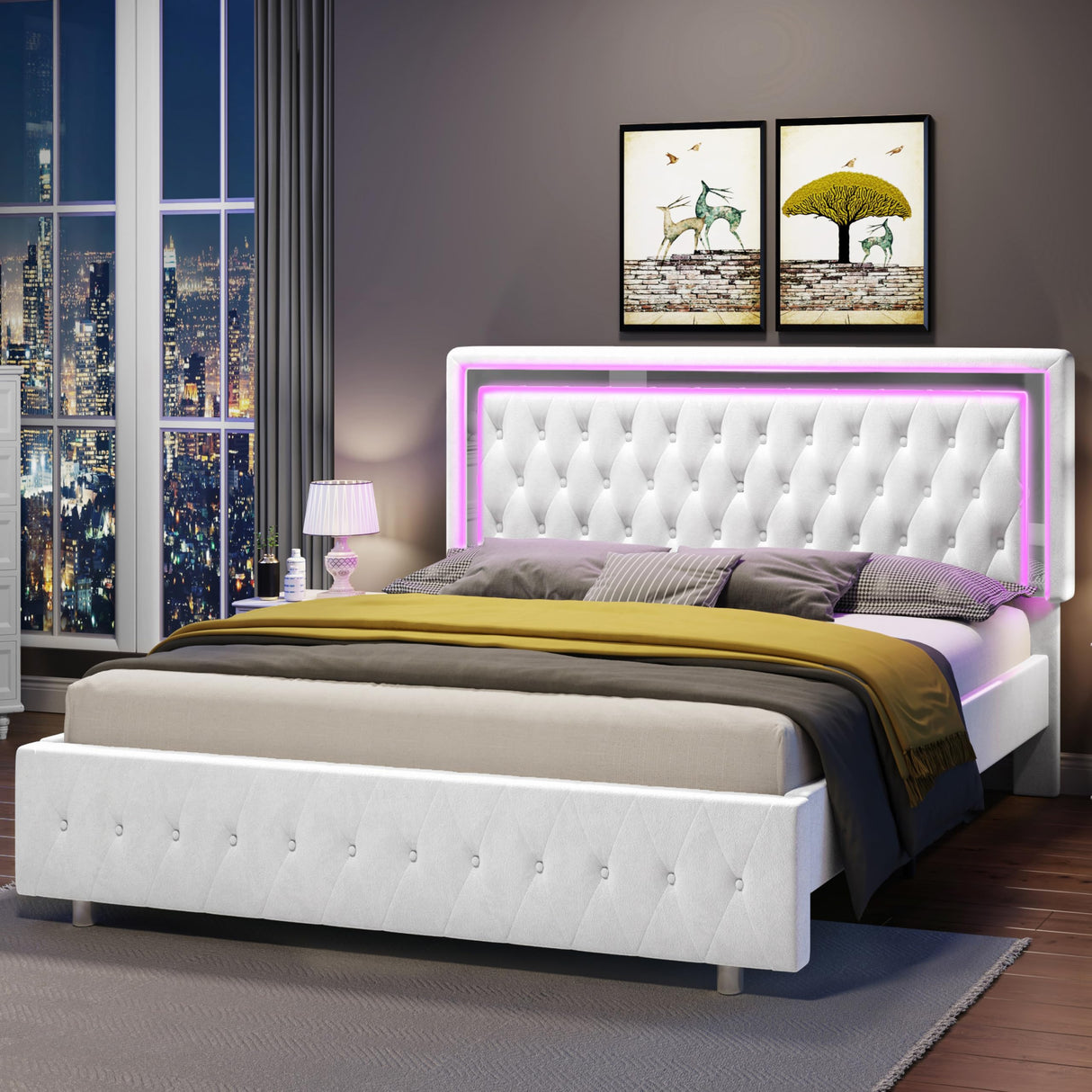 Jocisland Full Bed Frame with LED Lights Headboard&Footboard, Velvet Upholstered Full Size Platform Bed Frame No Box Spring Needed/White Jocisland