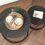 HOJINLINERO Round Coffee Table Set of 2 End Tables for Living Room,Black Coffee Table Nesting Tables,Living Room Table Wooden Accent Furniture Metal Frame,Sturdy Stacking Side Tables,Easy Assembly HOJINLINERO