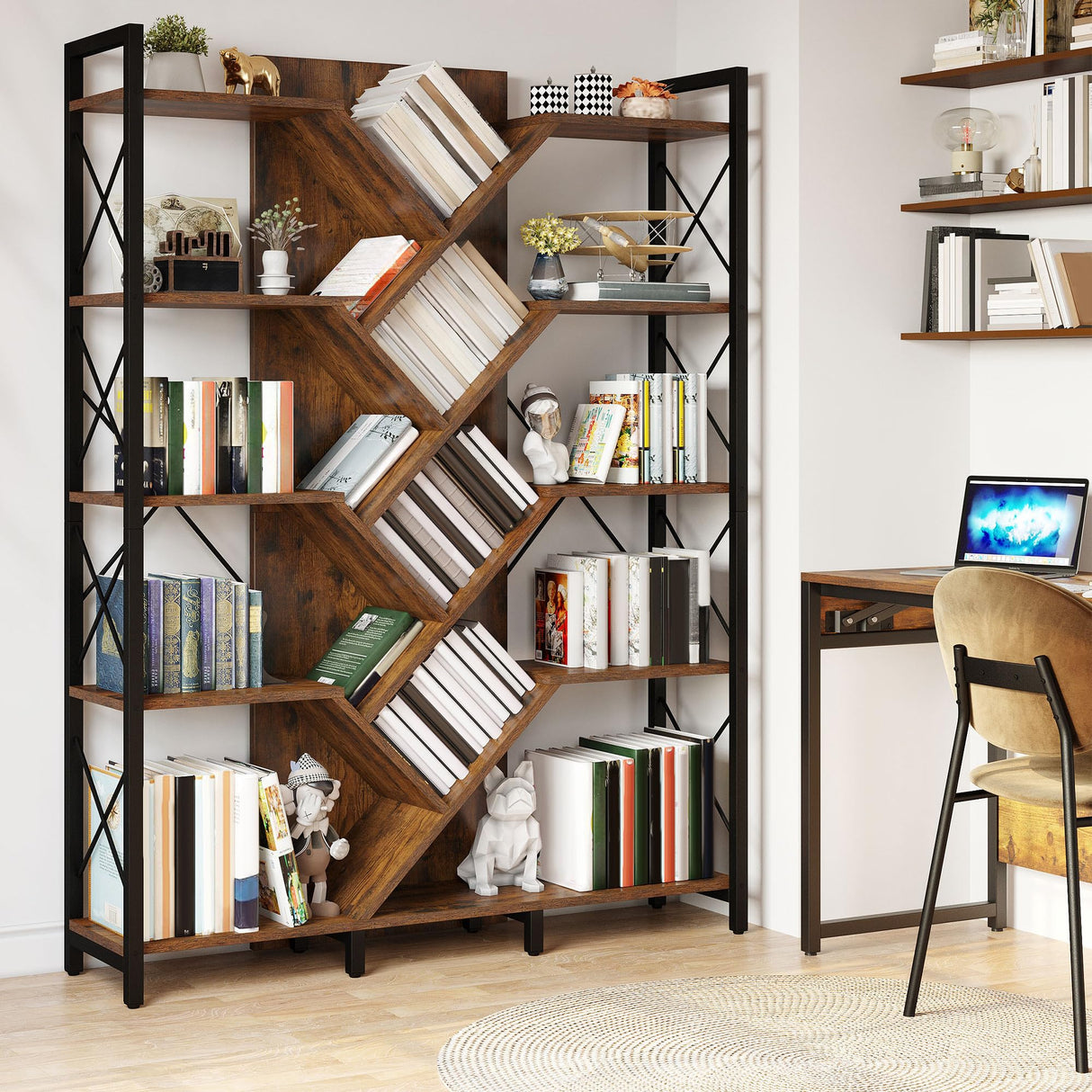 YITAHOME Industrial Tree Bookshelf, Large 5 Tier Bookcase Tall Standing Book Shelves Organizer Display Rack for Living Room Home Office, Rustic Brown YITAHOME