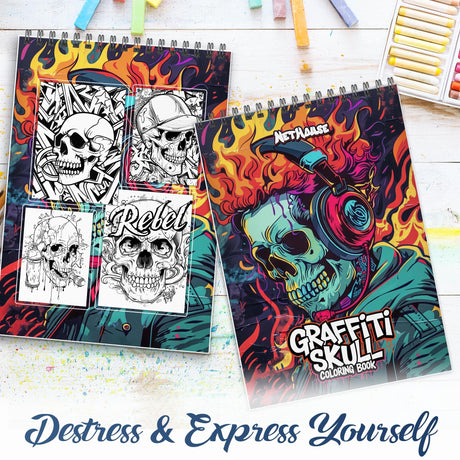 NETHOUSE Graffiti Skull Spiral Coloring Book for Adults Relaxation & Stress Relief, 30 Coloring Pages of Bold Skull Designs, Urban Graffiti Art, Dark, Creepy, Horror Illustrations, Street Art Styles NETHOUSE